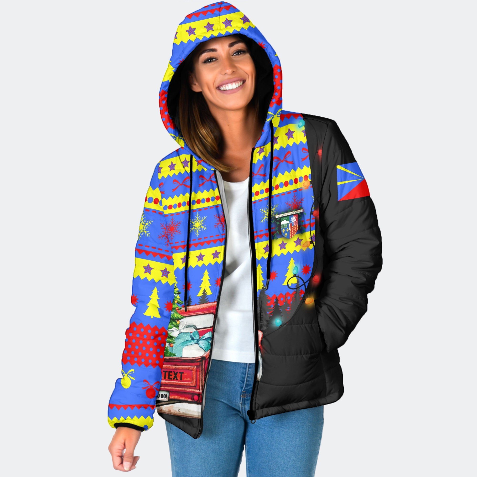 Reunion Women Hooded Padded Jacket Coat Of Arms Christmas Style