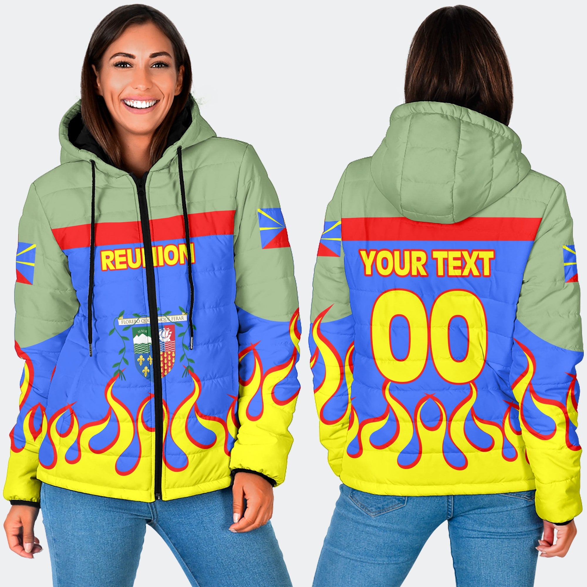 Reunion Women Hooded Padded Jacket Flag & Coat Of Arms Fire Hockey Style