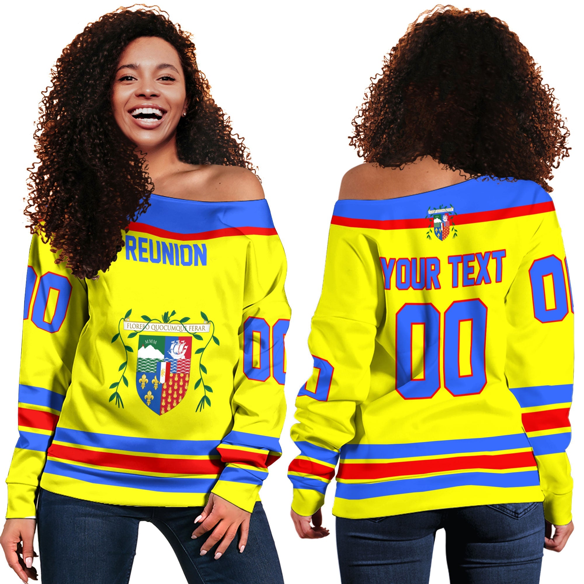 Reunion Women Off Shoulder Sweatshirt Flag & Coat Of Arms Hockey Style