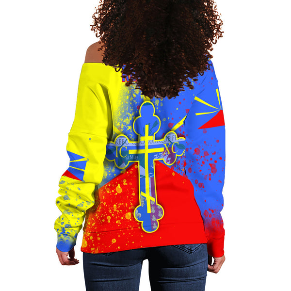 Reunion Women Off Shoulder Sweatshirt Flag & Coat Of Arms Orthodox Style