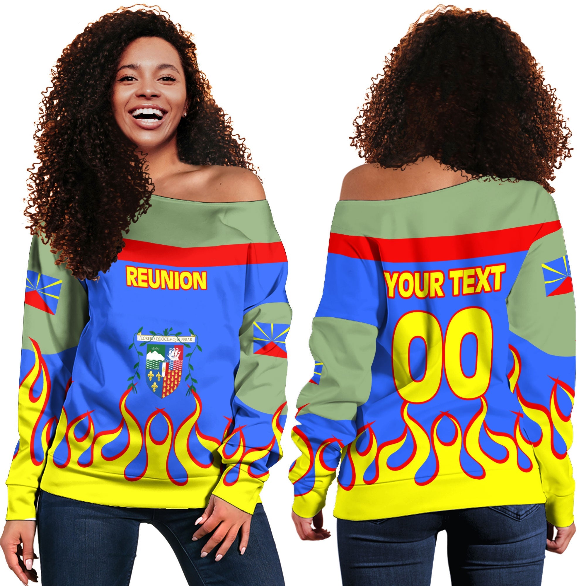 Reunion Women Off Shoulder Sweatshirt Flag & Coat Of Arms Fire Hockey Style