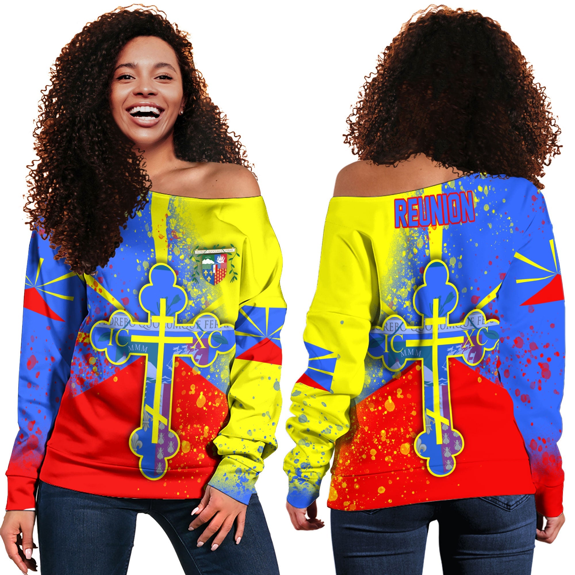 Reunion Women Off Shoulder Sweatshirt Flag & Coat Of Arms Orthodox Style