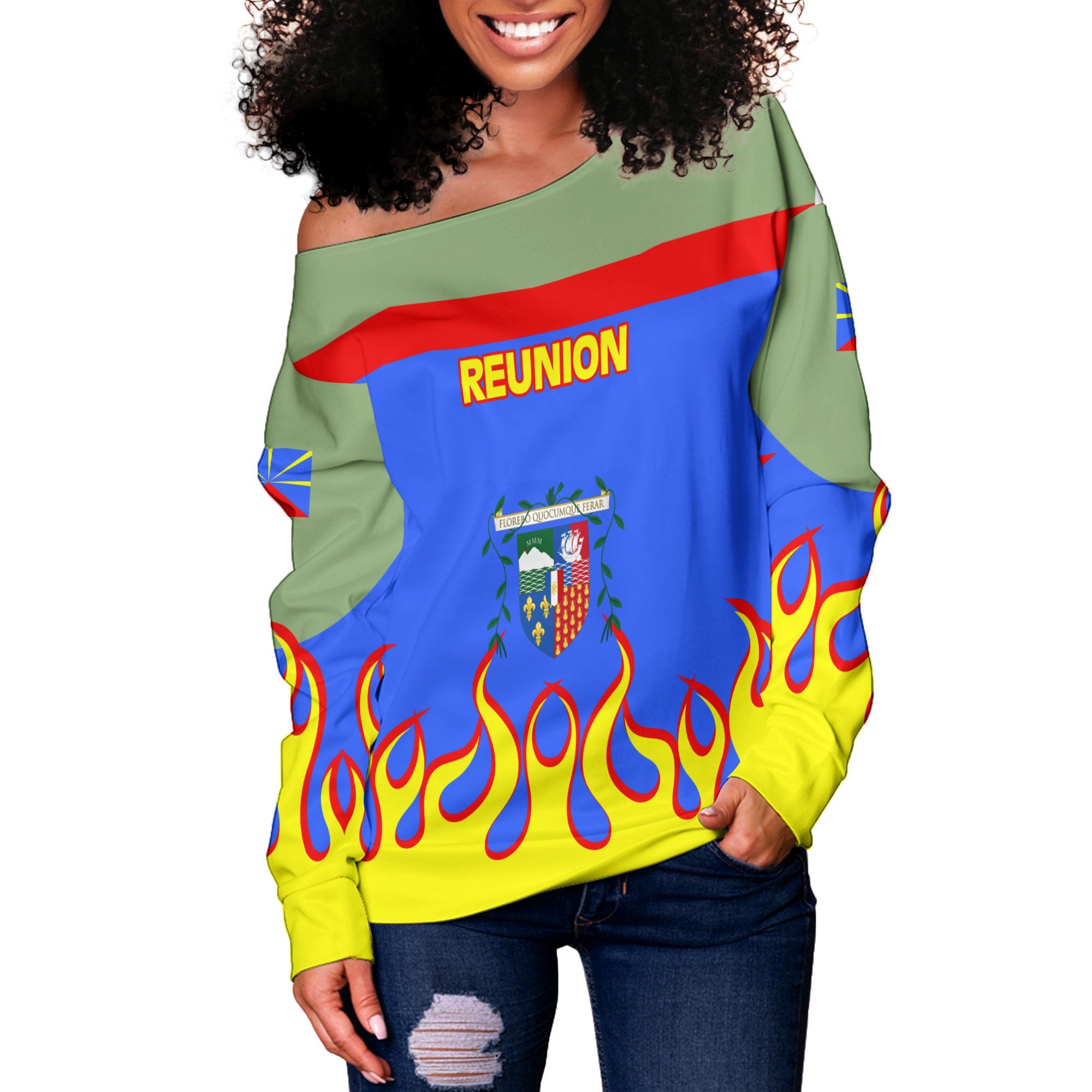 Reunion Women Off Shoulder Sweatshirt Flag & Coat Of Arms Fire Hockey Style