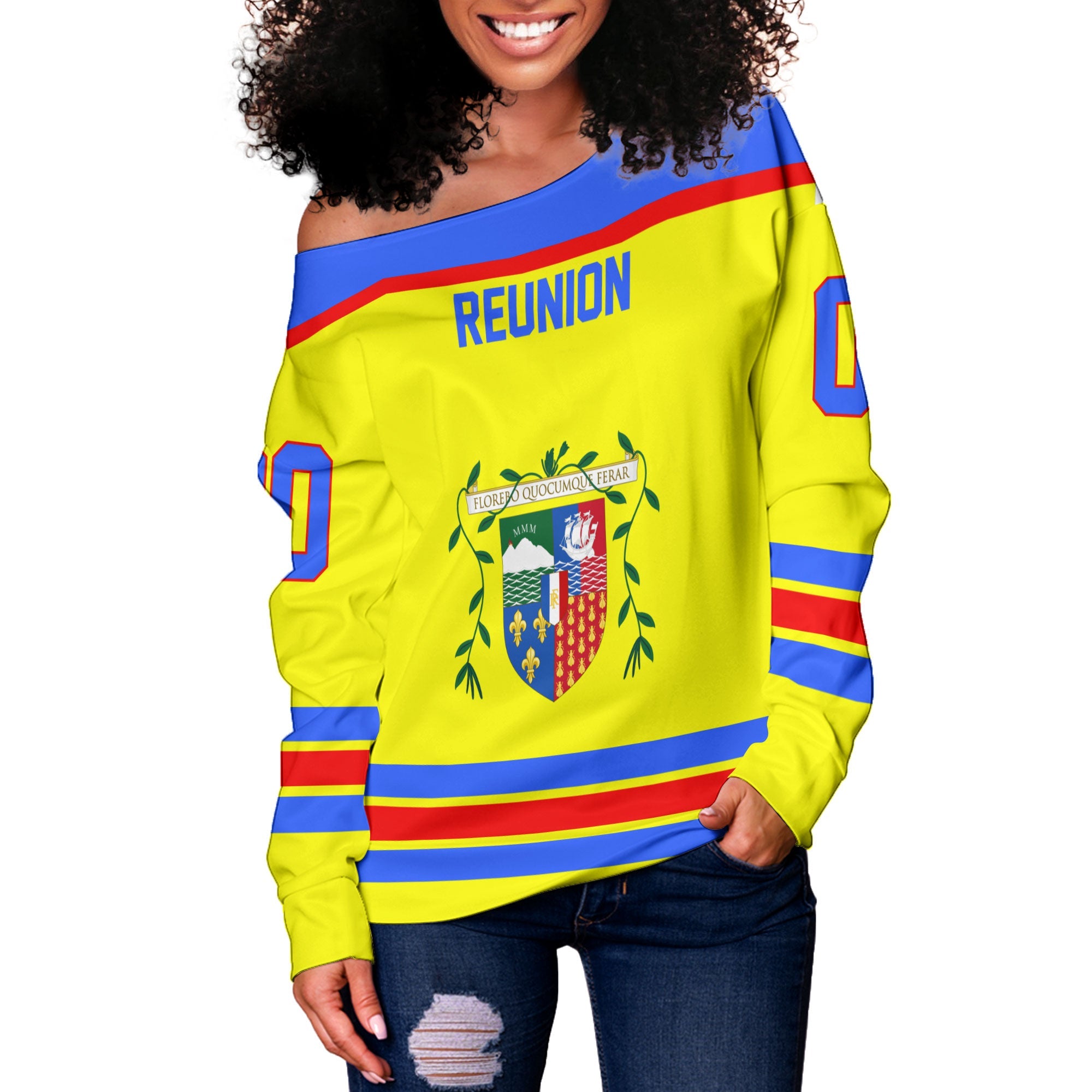 Reunion Women Off Shoulder Sweatshirt Flag & Coat Of Arms Hockey Style