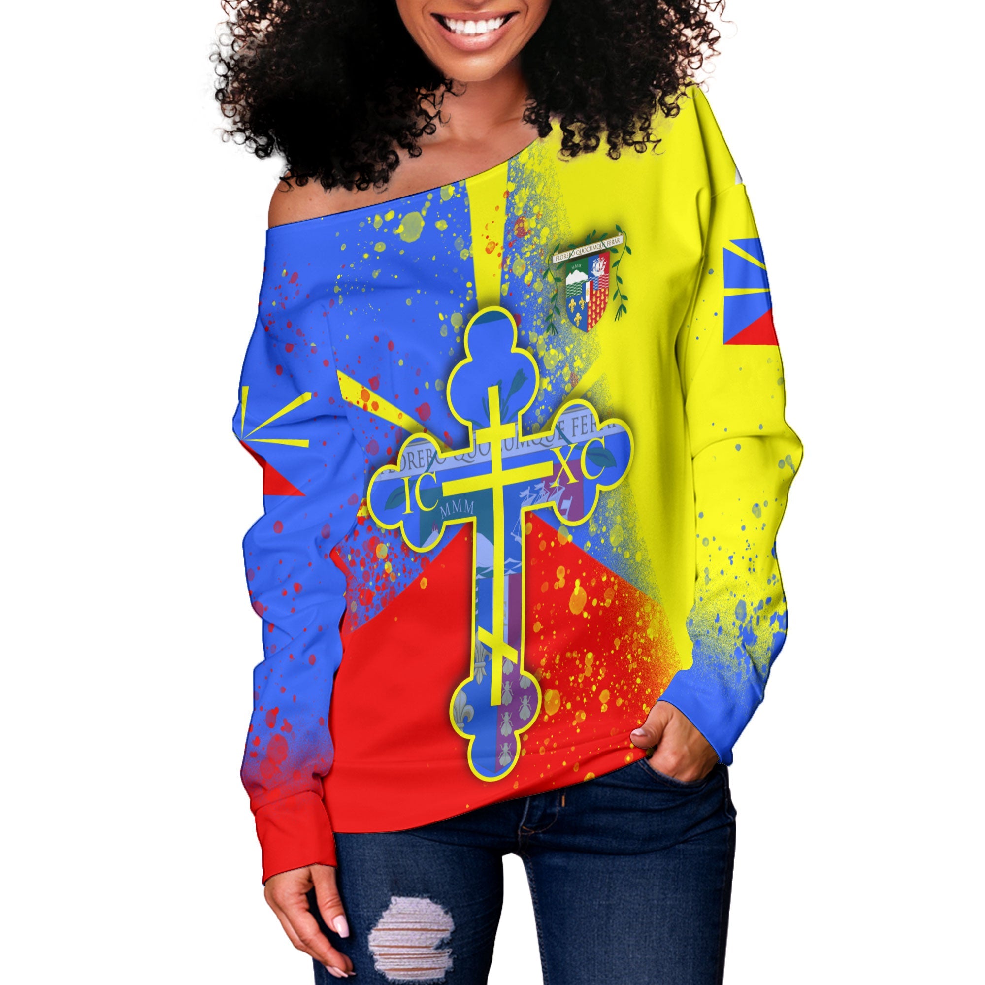 Reunion Women Off Shoulder Sweatshirt Flag & Coat Of Arms Orthodox Style