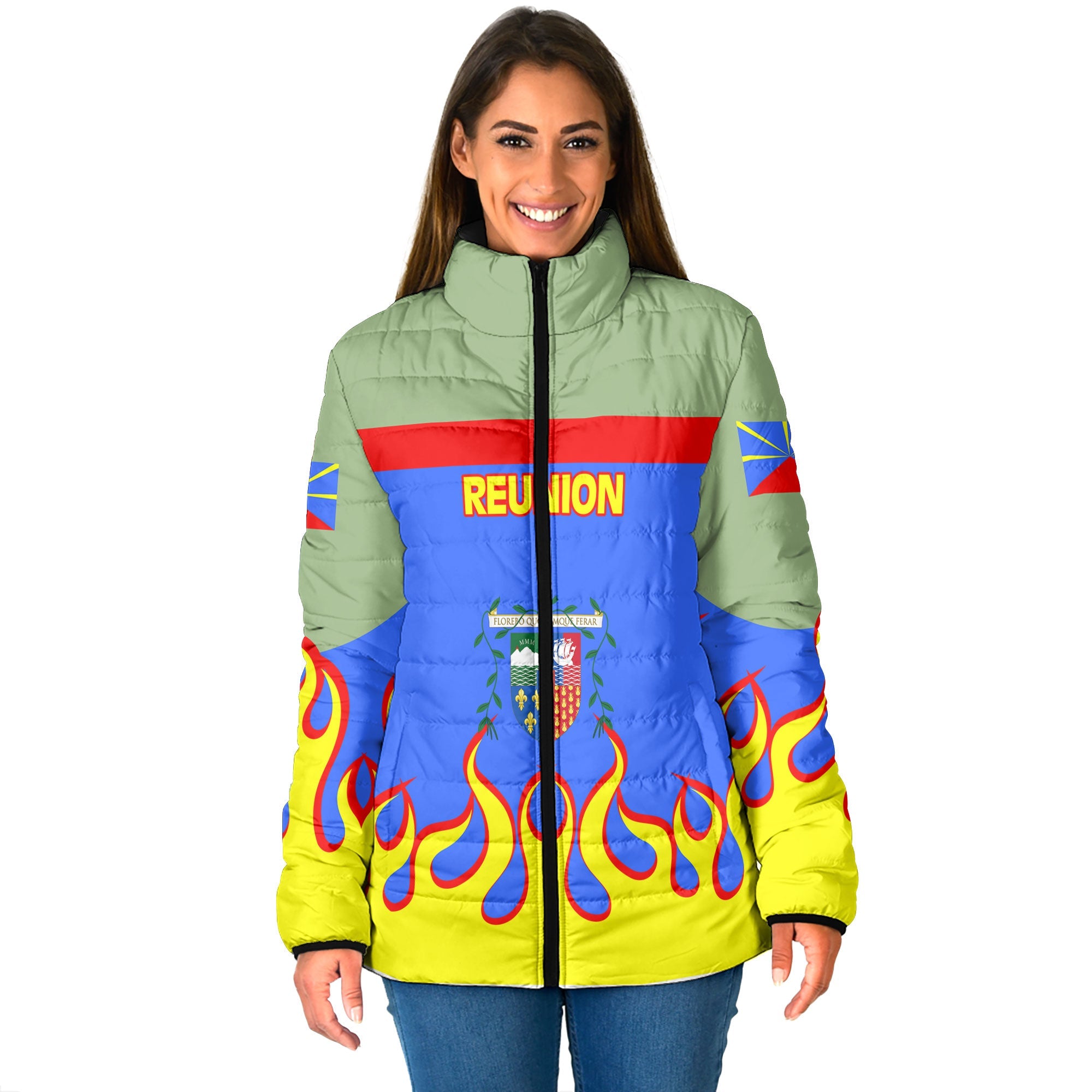 Reunion Women Padded Jacket Flag & Coat Of Arms Fire Hockey Style