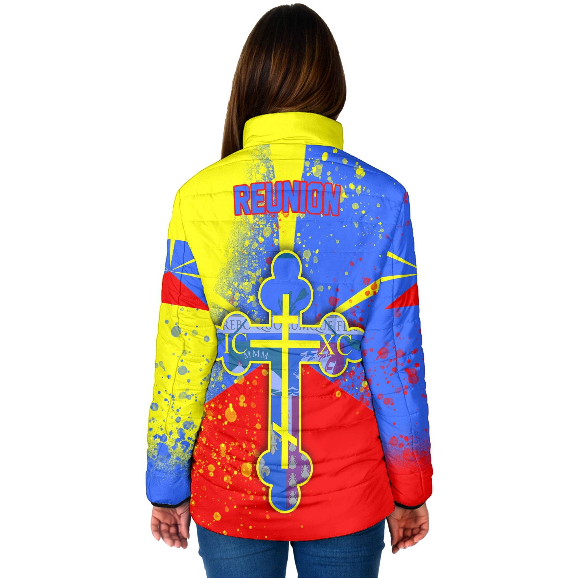 Reunion Women Padded Jacket Flag & Coat Of Arms Orthodox Style