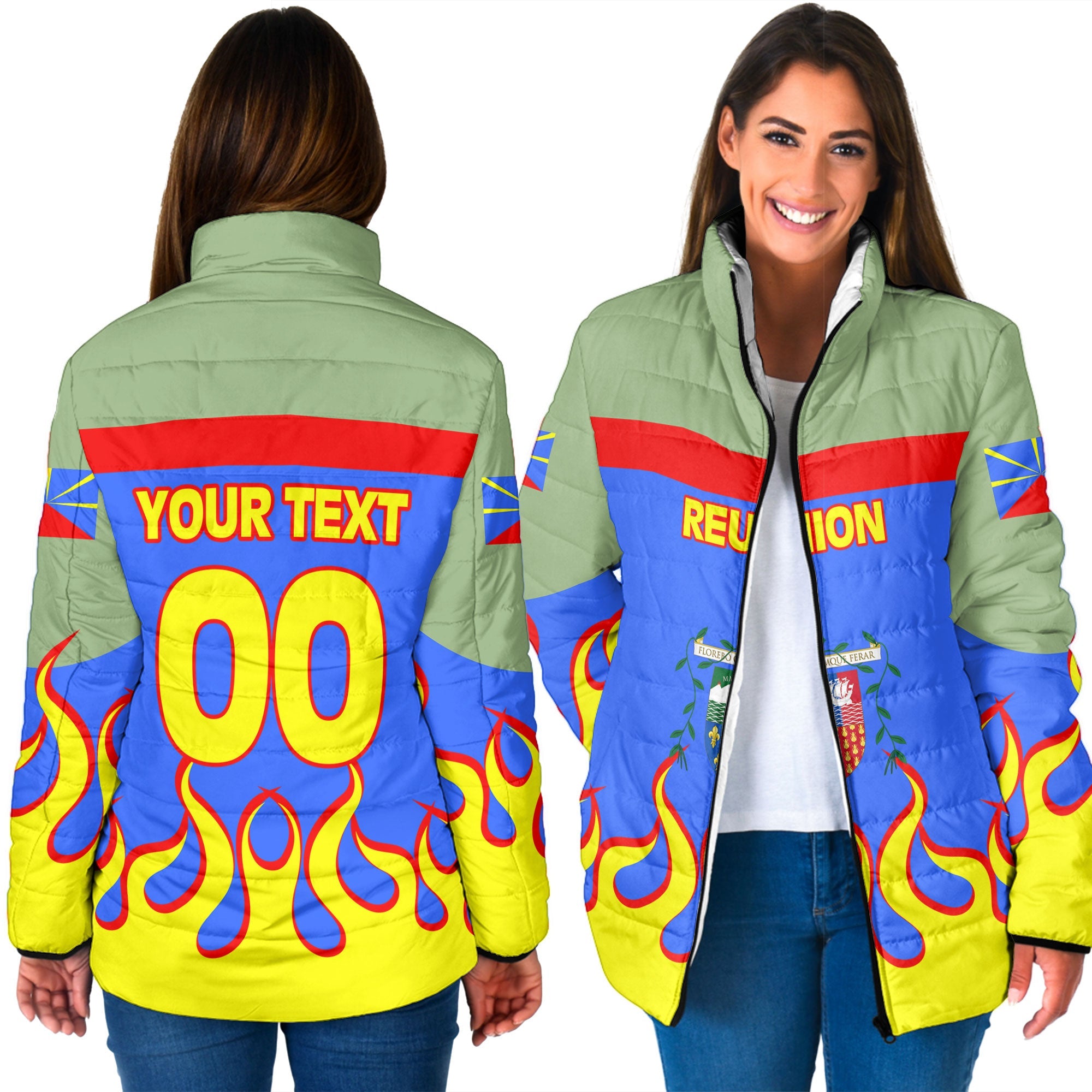 Reunion Women Padded Jacket Flag & Coat Of Arms Fire Hockey Style