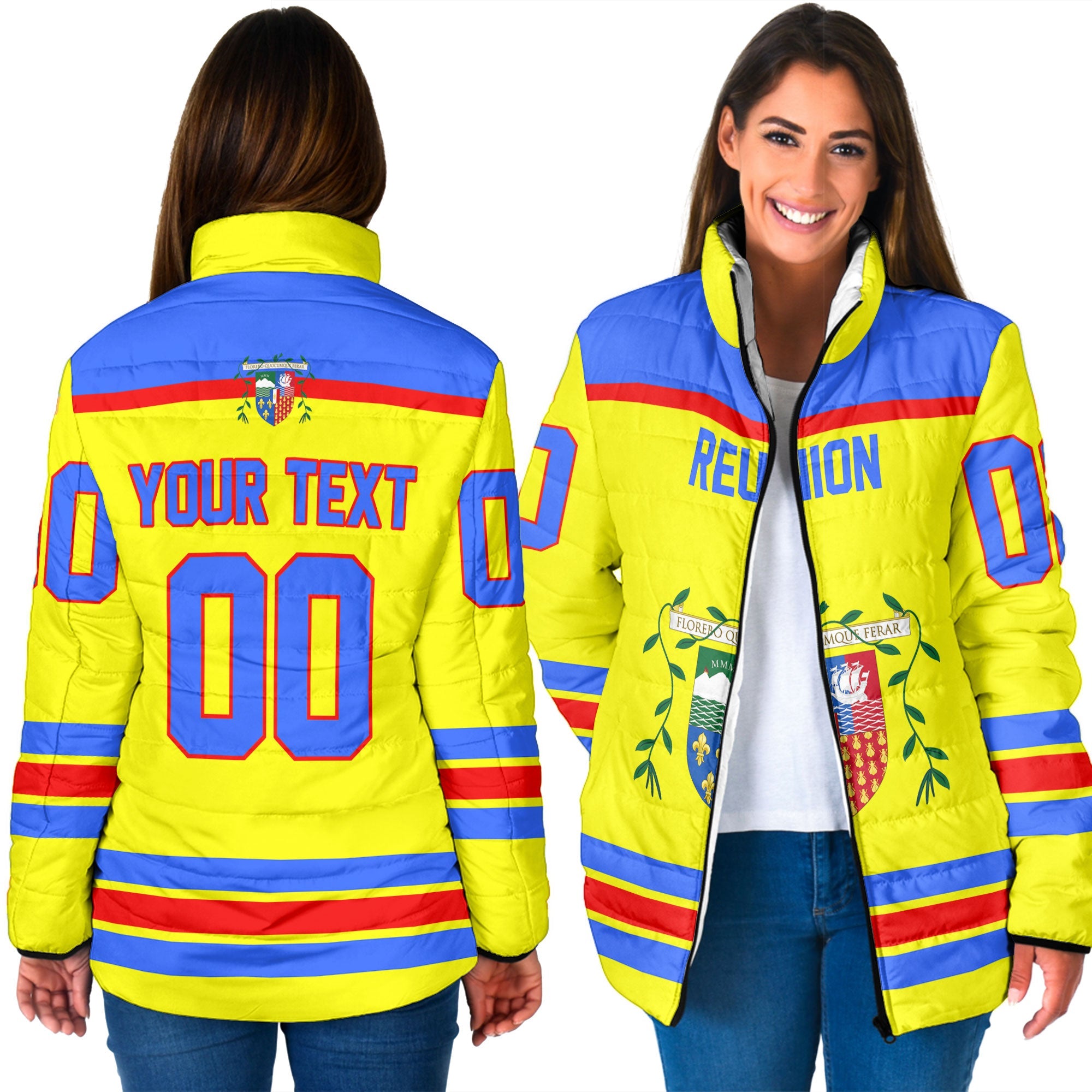 Reunion Women Padded Jacket Flag & Coat Of Arms Hockey Style