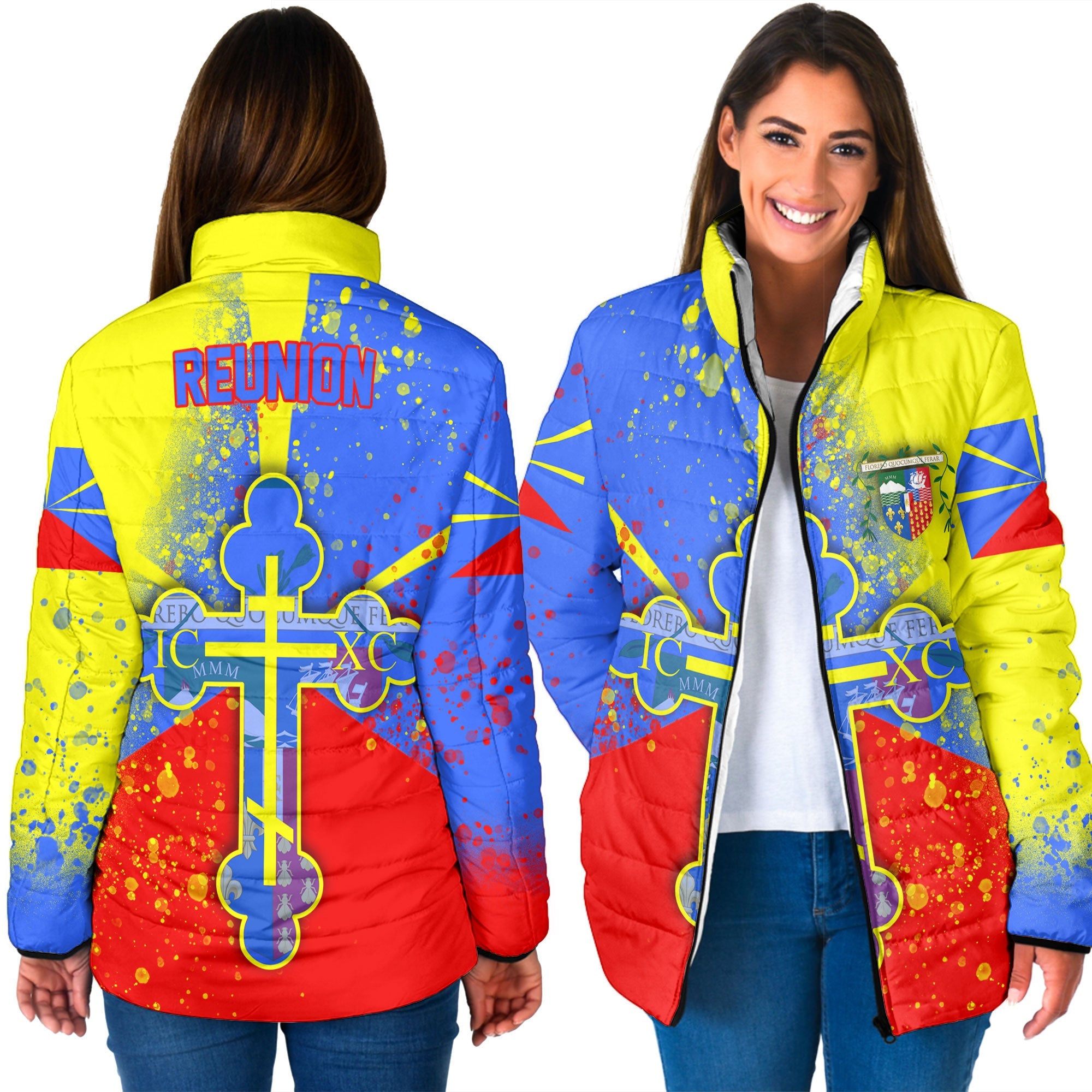 Reunion Women Padded Jacket Flag & Coat Of Arms Orthodox Style