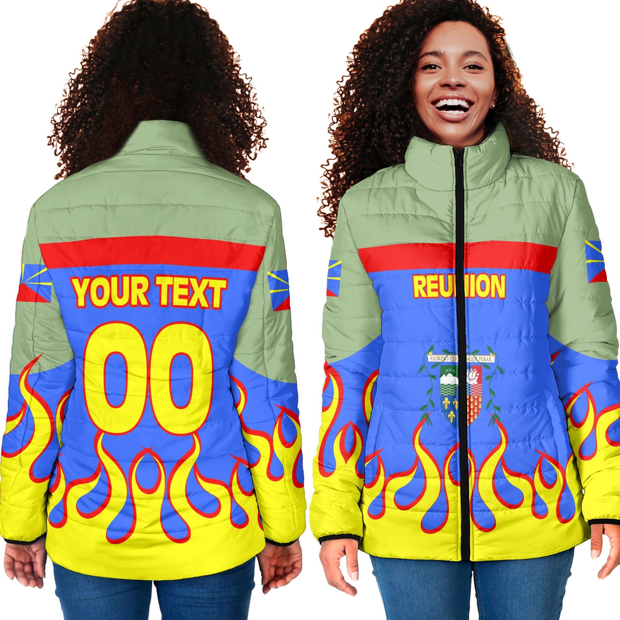 Reunion Women Padded Jacket Flag & Coat Of Arms Fire Hockey Style