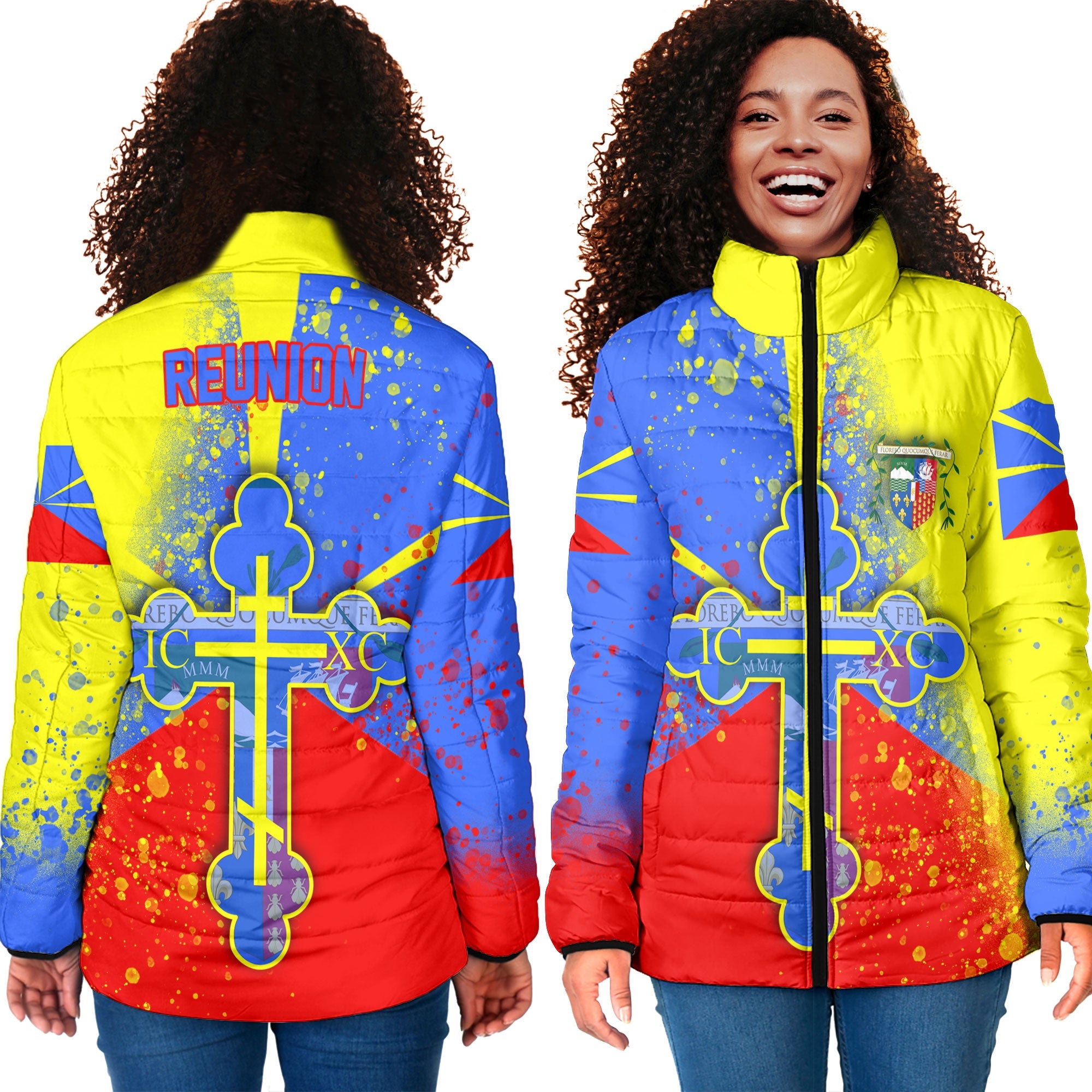 Reunion Women Padded Jacket Flag & Coat Of Arms Orthodox Style