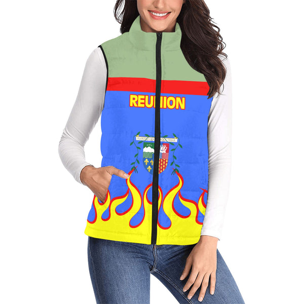 Reunion Women Padded Jacket Vest Flag & Coat Of Arms Fire Hockey Style