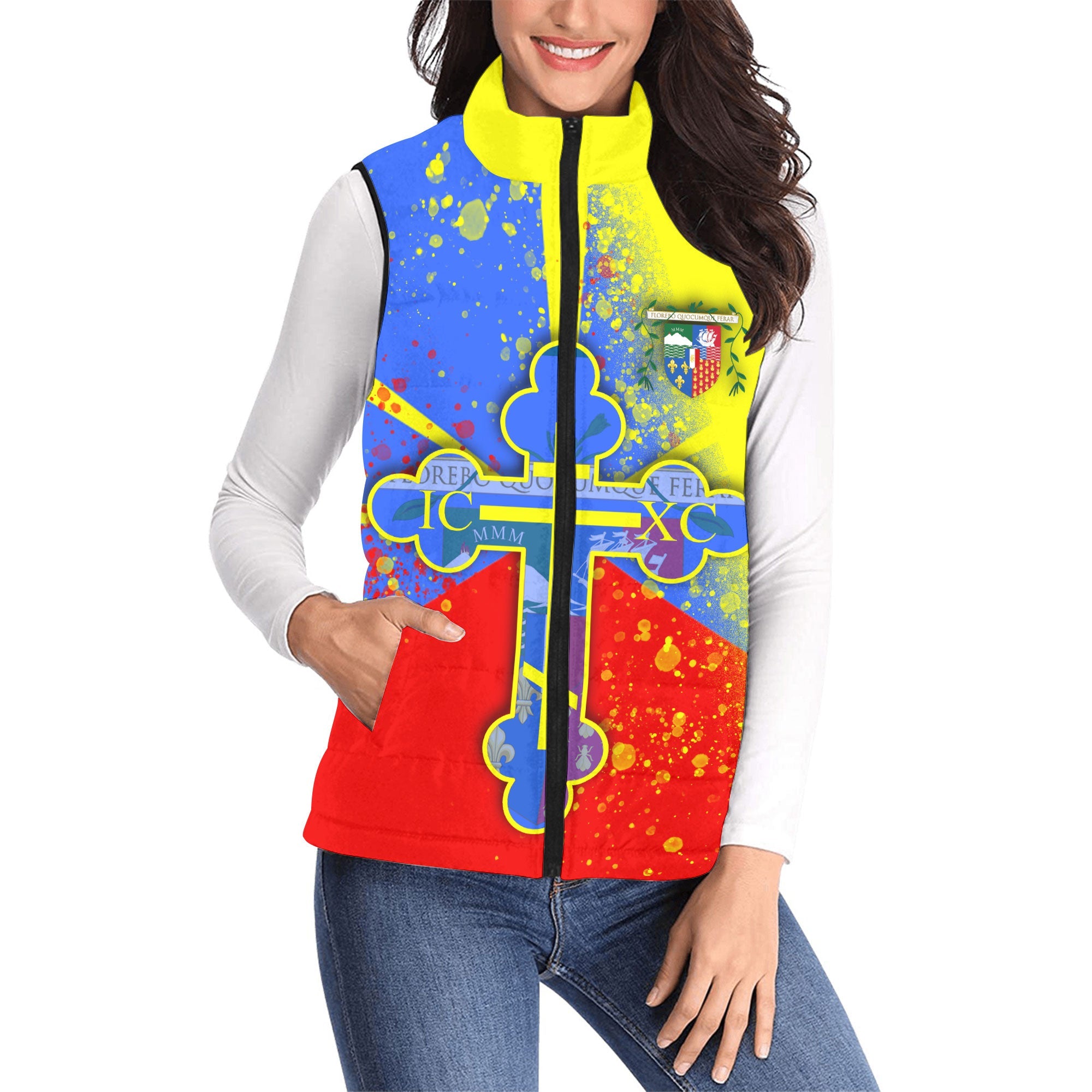 Reunion Women Padded Jacket Vest Flag & Coat Of Arms Orthodox Style