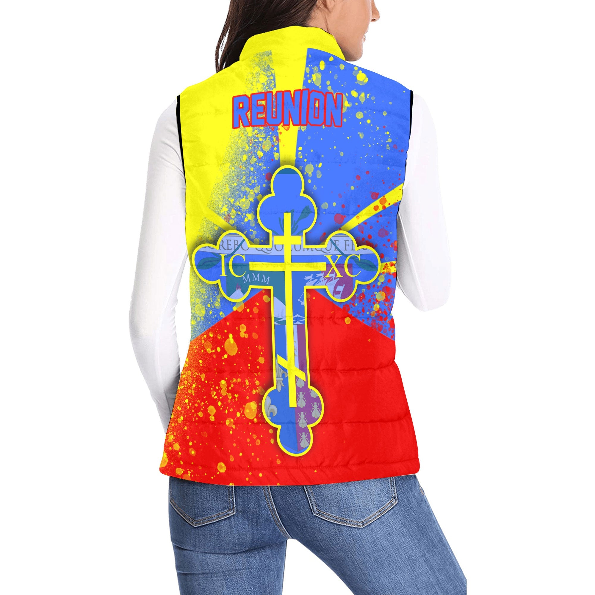 Reunion Women Padded Jacket Vest Flag & Coat Of Arms Orthodox Style