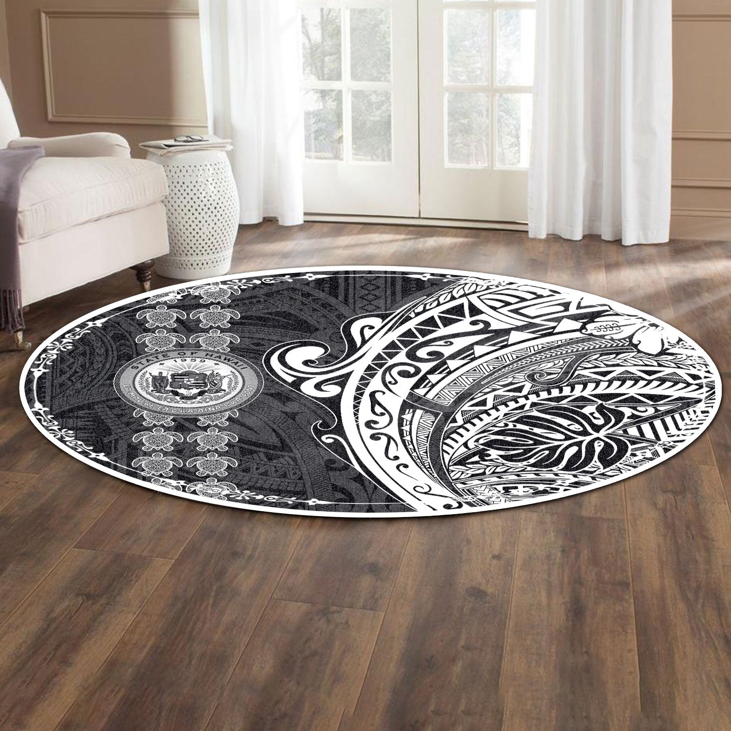 Hawaii Seal Polynesian Turtle Line Round Carpet