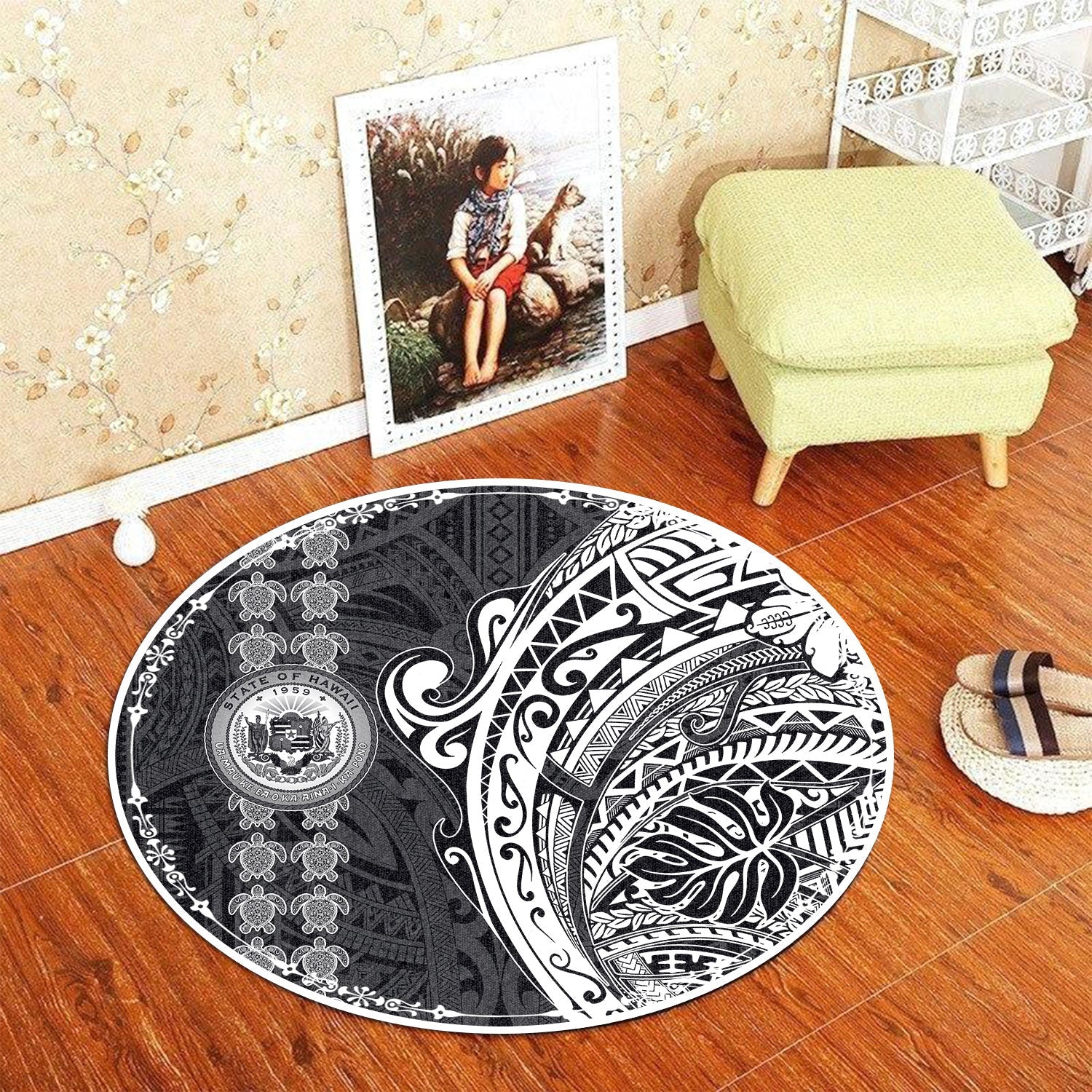 Hawaii Seal Polynesian Turtle Line Round Carpet