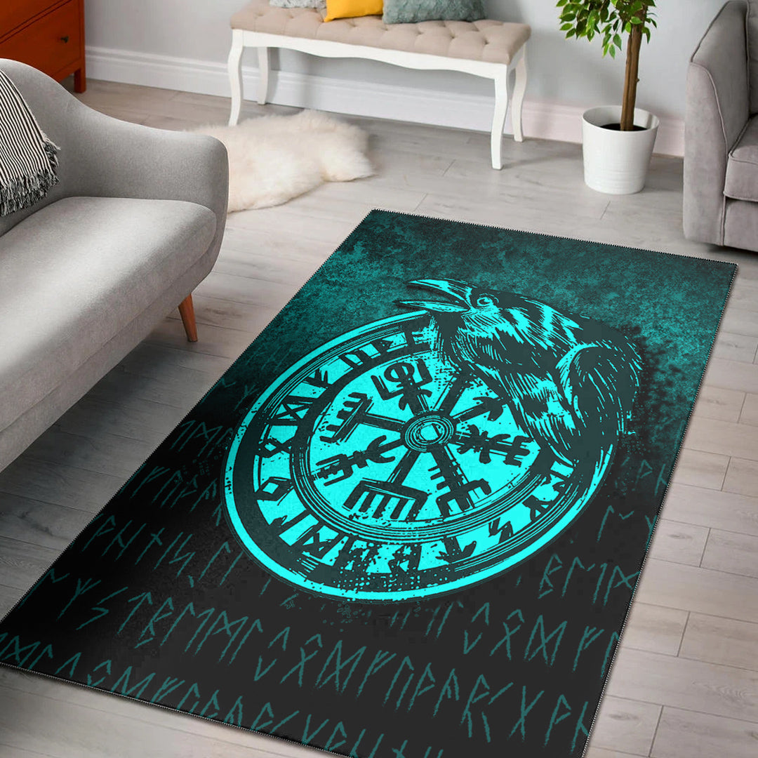 Viking Area Rug Viking Vegvisir Rune with Crow Cyan Version