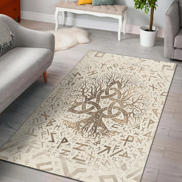 Viking Area Rug Tree of Life with Triquetra and Futhark Pastel Gold