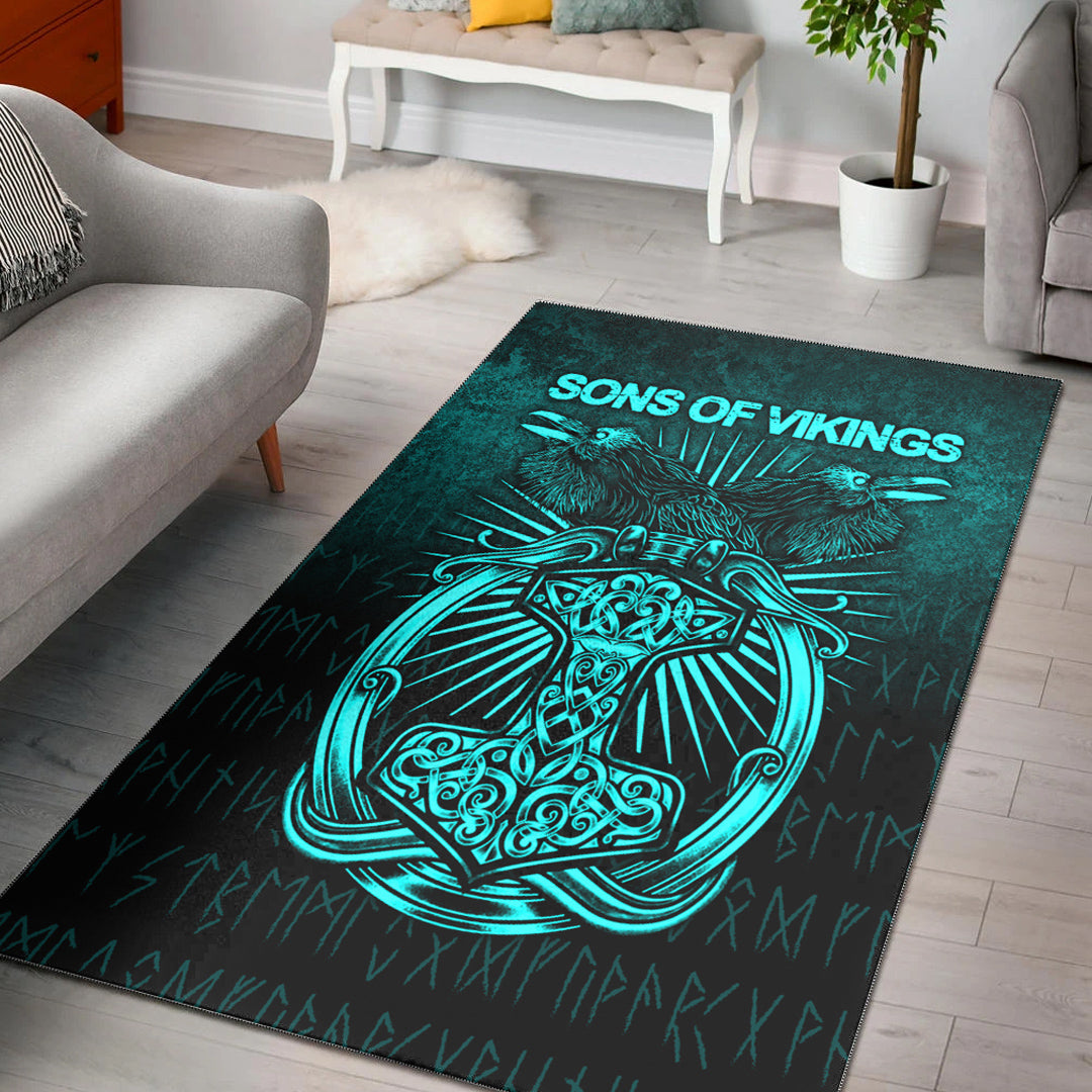 Viking Area Rug Vikings Ravens Mjolnir Cyan Version