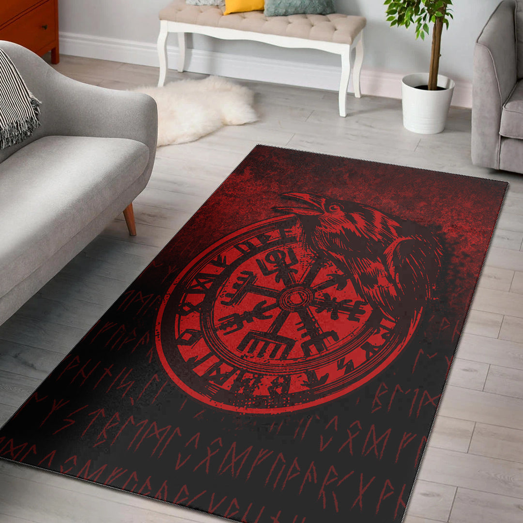 Viking Area Rug Viking Vegvisir Rune with Crow Red Version