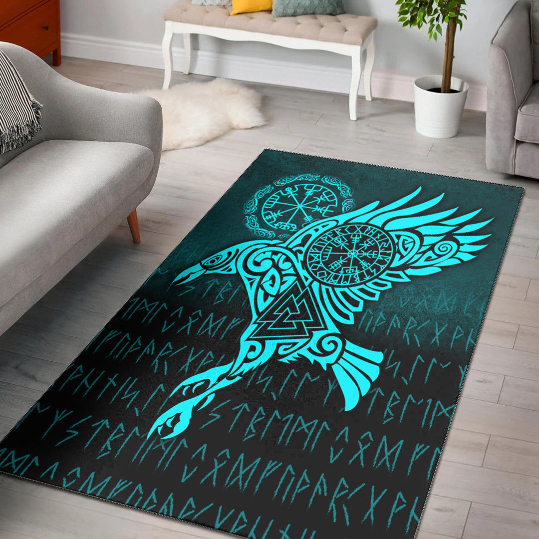 Viking Area Rug Raven Vegvisir Tattoo Cyan Version