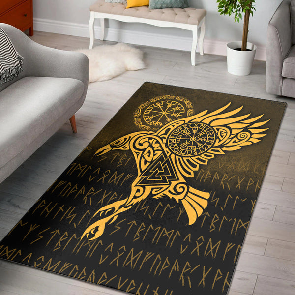 Viking Area Rug Raven Vegvisir Tattoo Gold Version