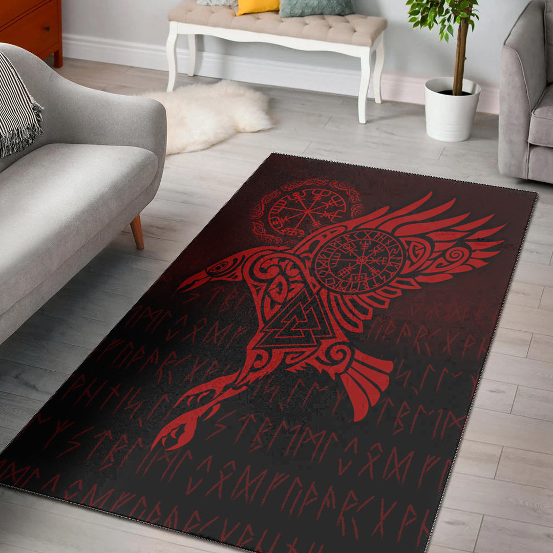 Viking Area Rug Raven Vegvisir Tattoo Red Version