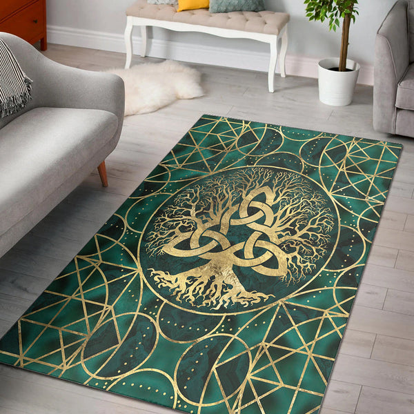 Viking Area Rug Tree of Life with Triquetra Malachite and Gold