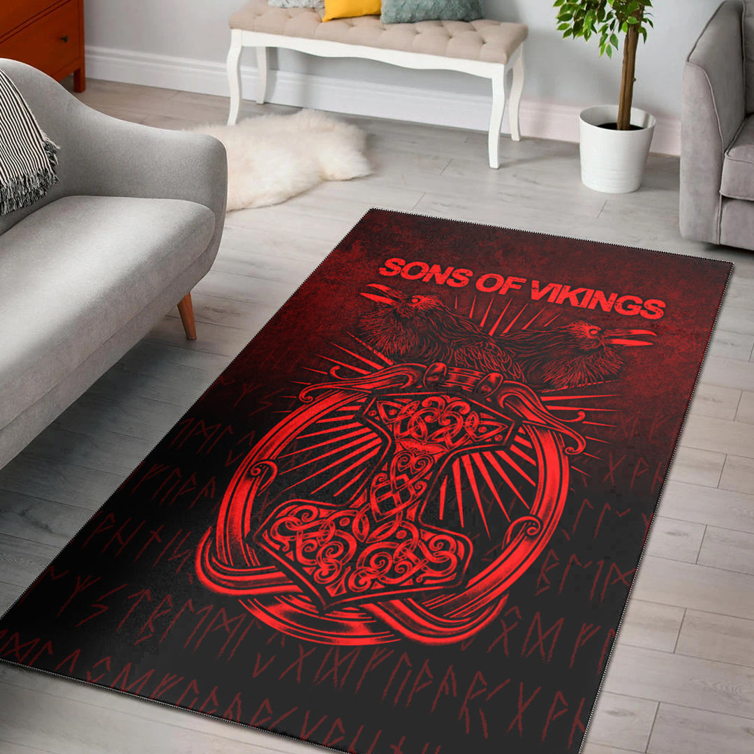 Viking Area Rug Vikings Ravens Mjolnir Red Version