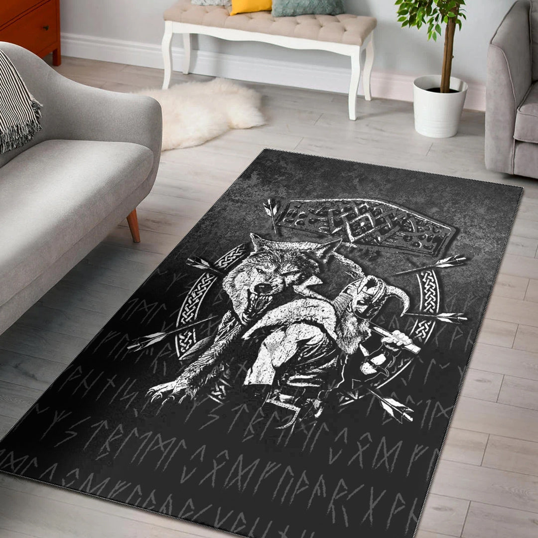 Viking Area Rug Fenrir Wolf Of Odin Norse Runes Thor Hammer Mjolnir ...