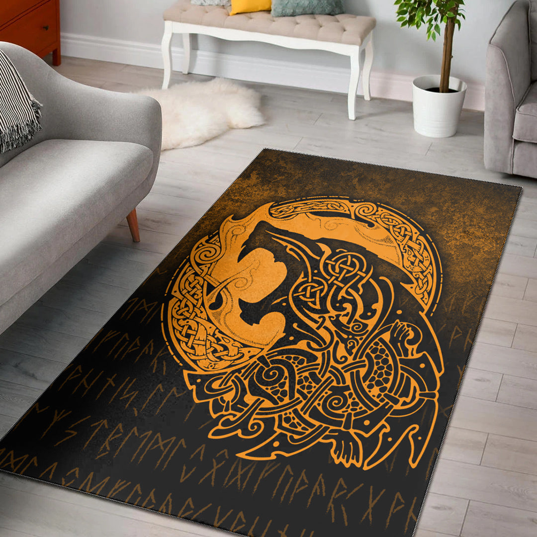 Viking Area Rug Fenrir Viking 3D Tattoo Gold Version