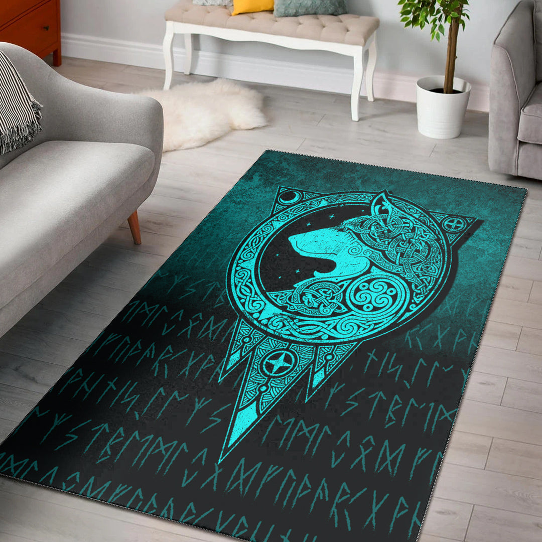 Viking Area Rug Viking Norse Wolf Cyan Version