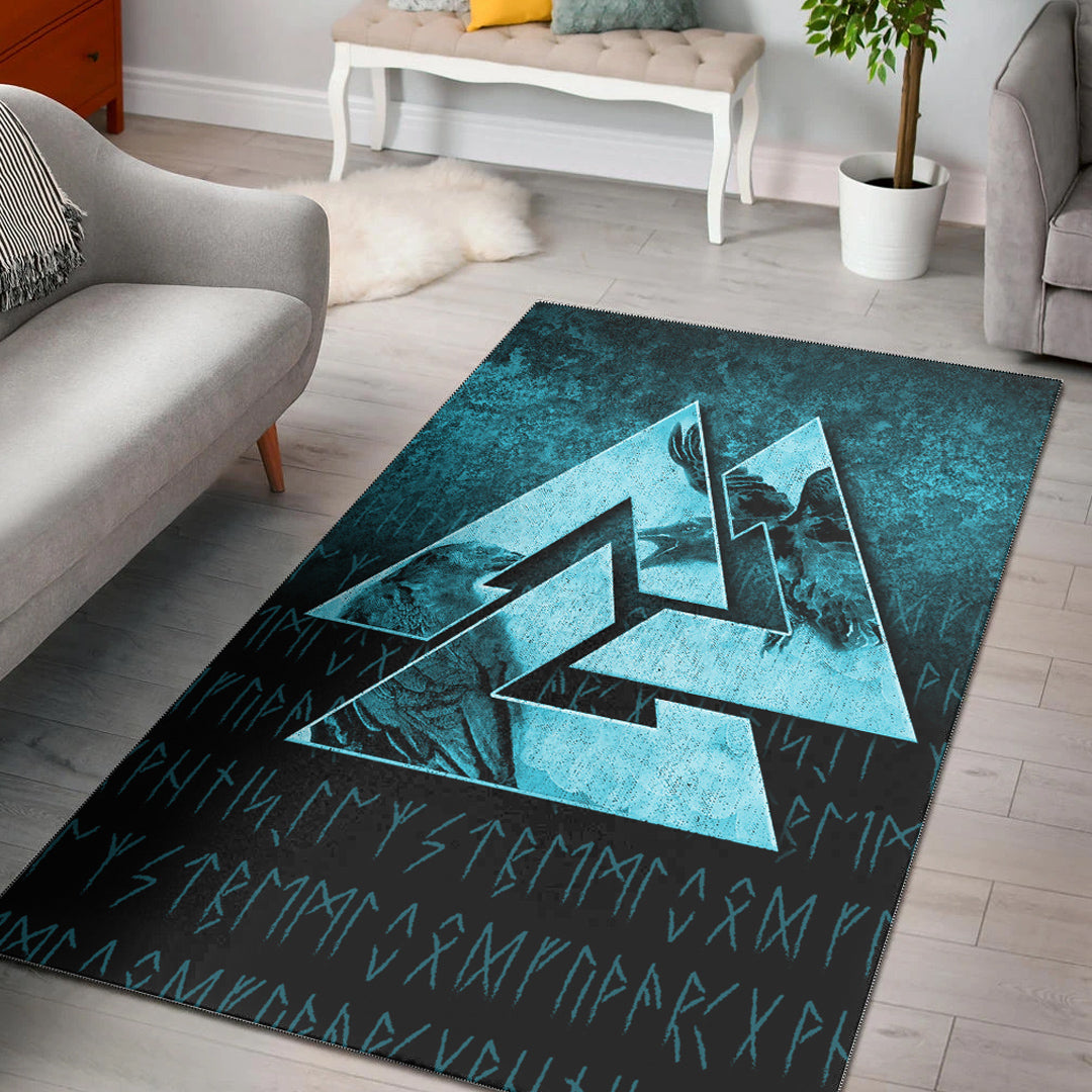 Viking Area Rug Huginn Muninn Ravens from Odin Viking Cyan Version