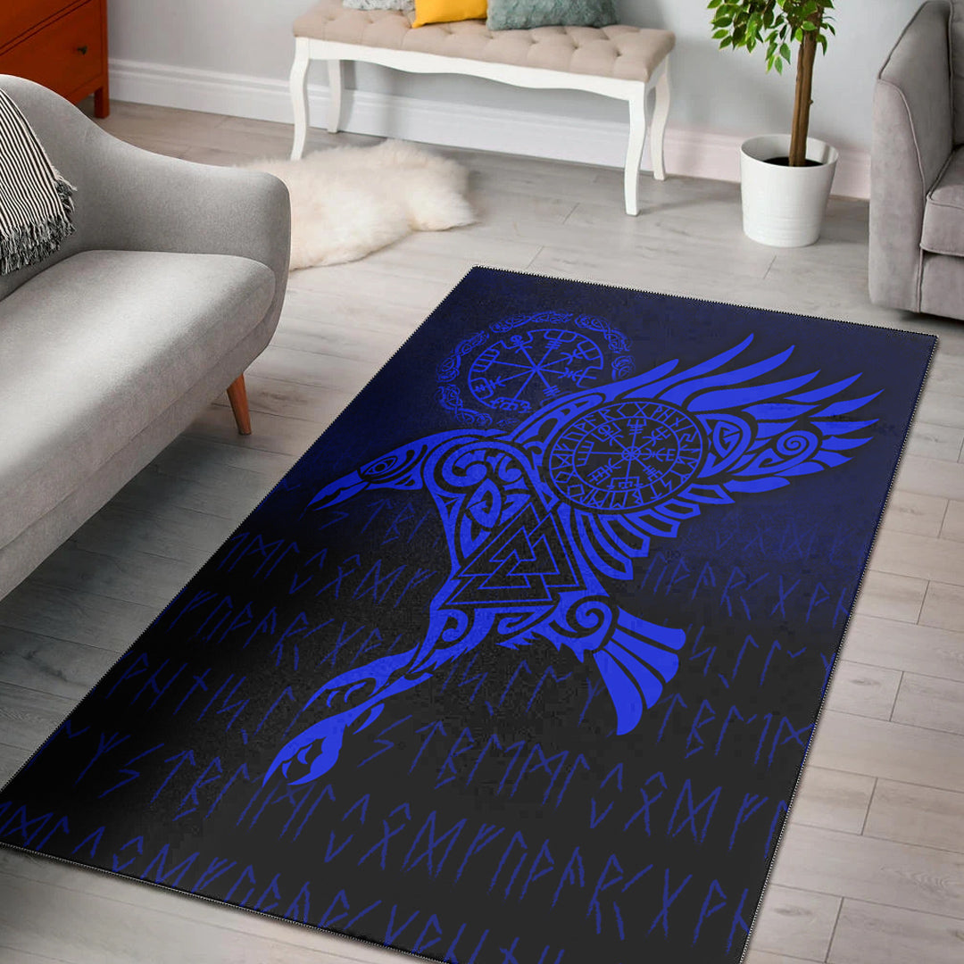 Viking Area Rug Raven Vegvisir Tattoo Blue Version