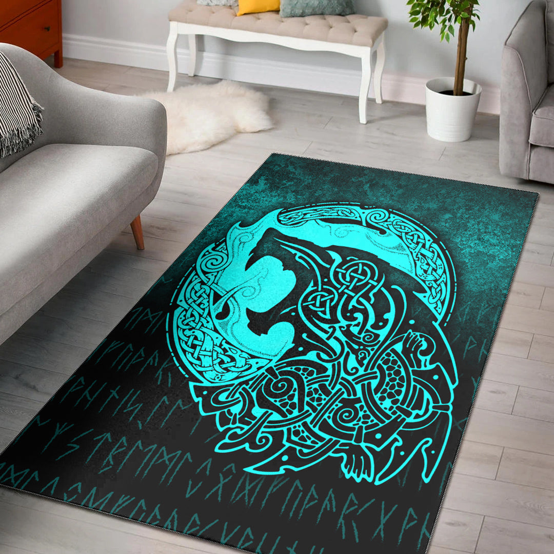 Viking Area Rug Fenrir Viking 3D Tattoo Cyan Version