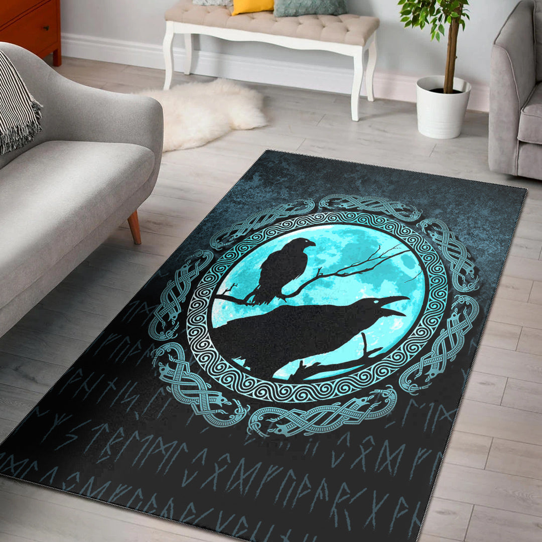 Viking Area Rug Vikings Huginn Muninn Odin’s Ravens Cyan Version