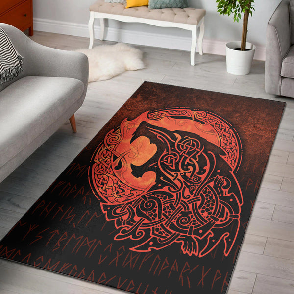 Viking Area Rug Fenrir Viking 3D Tattoo Orange Version