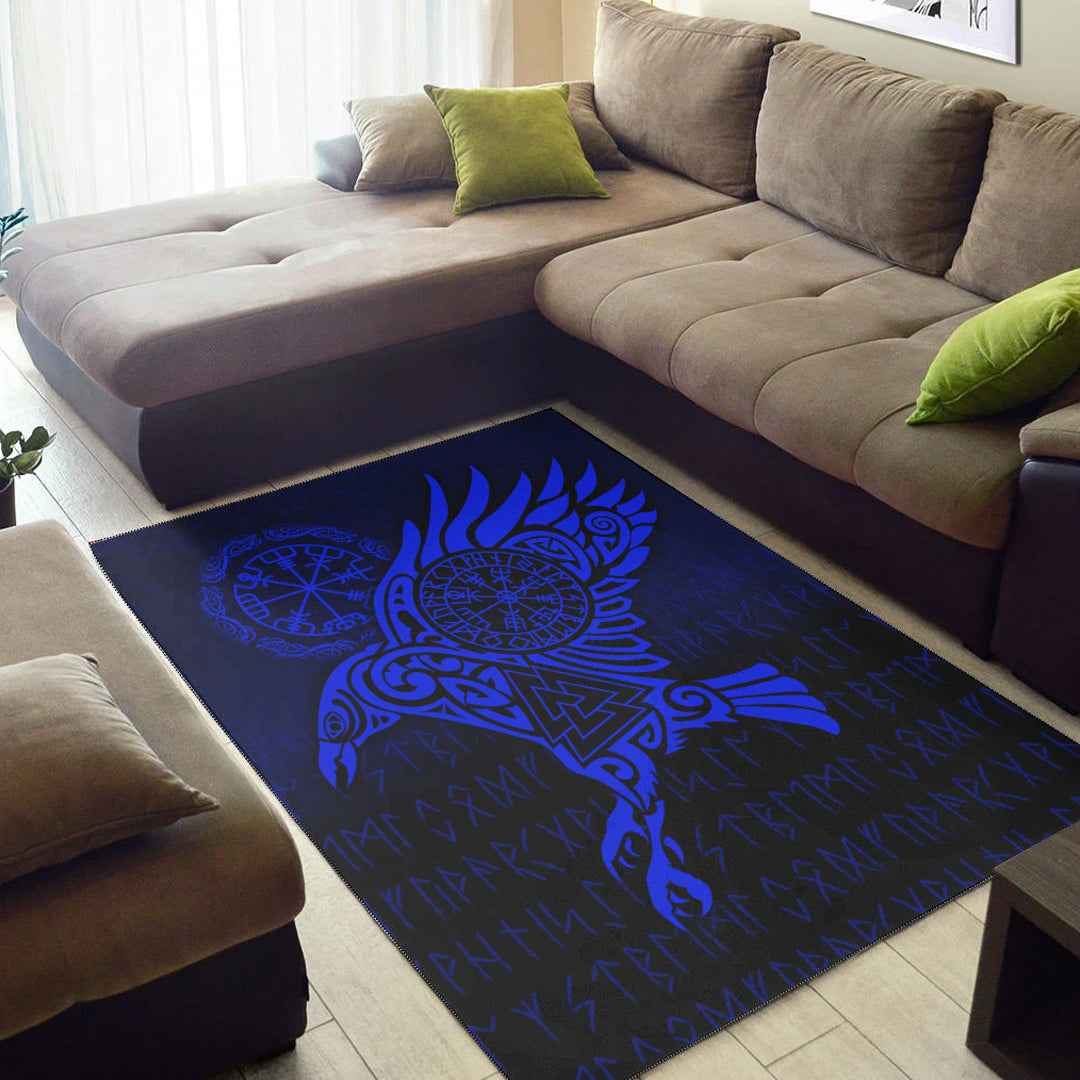 Viking Area Rug Raven Vegvisir Tattoo Blue Version