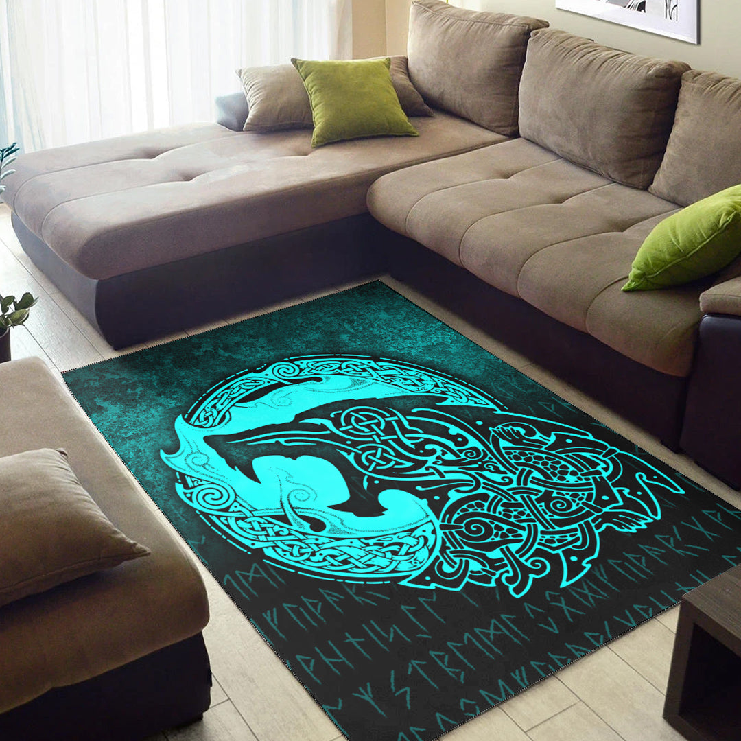 Viking Area Rug Fenrir Viking 3D Tattoo Cyan Version