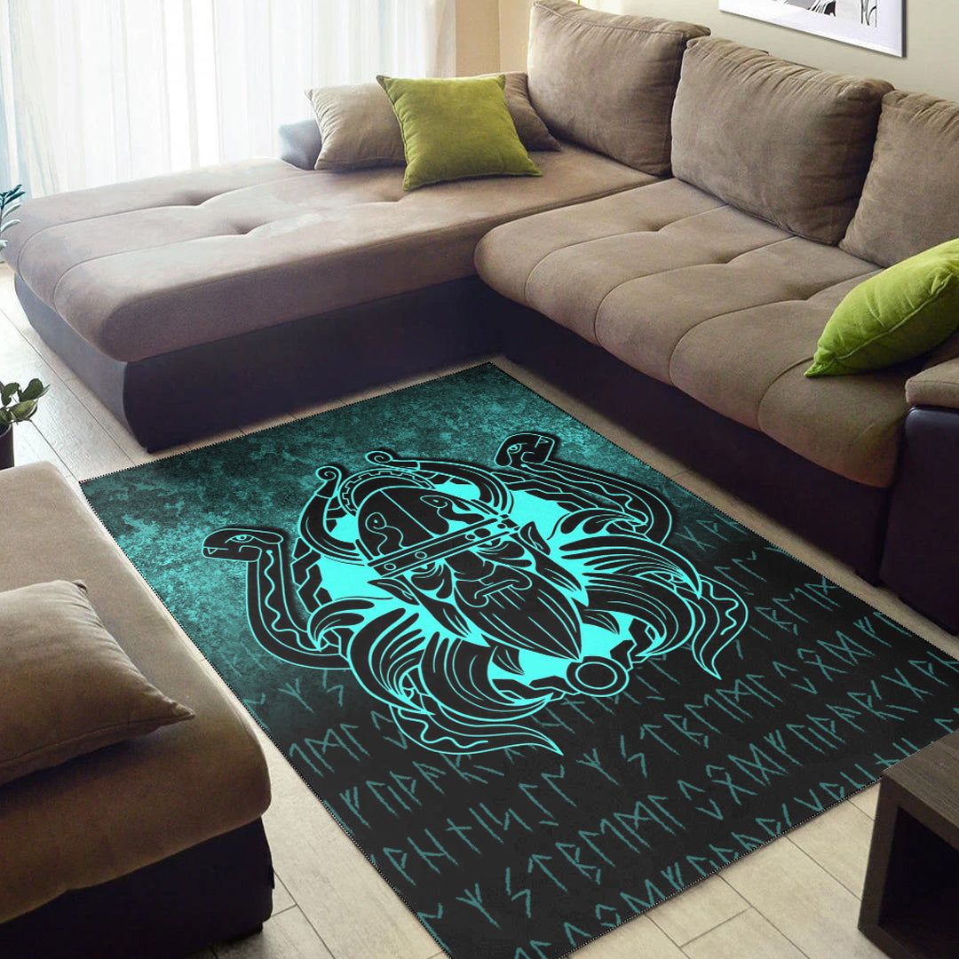 Viking Area Rug Nordic Warrior Valhalla Norse Cyan Version