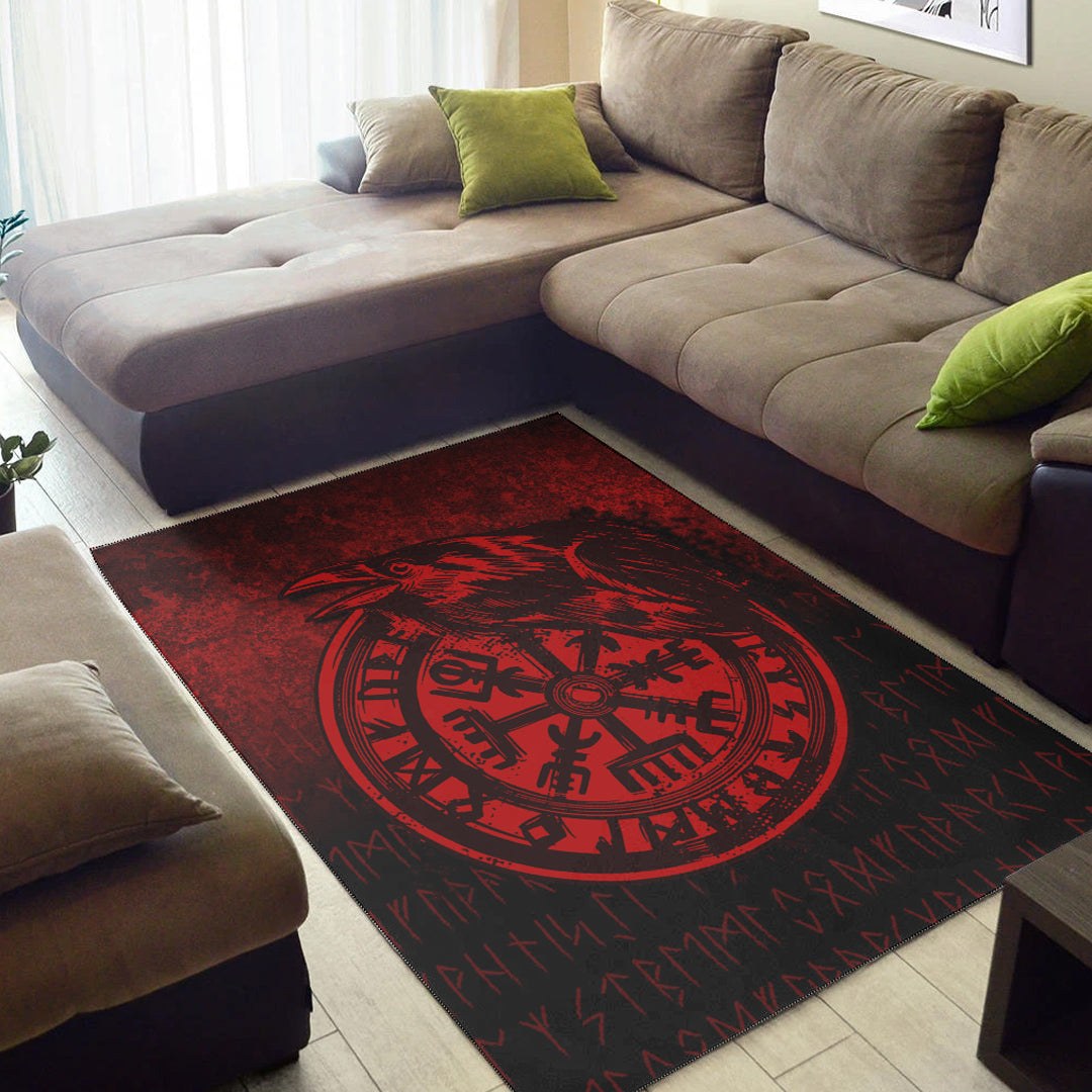 Viking Area Rug Viking Vegvisir Rune with Crow Red Version