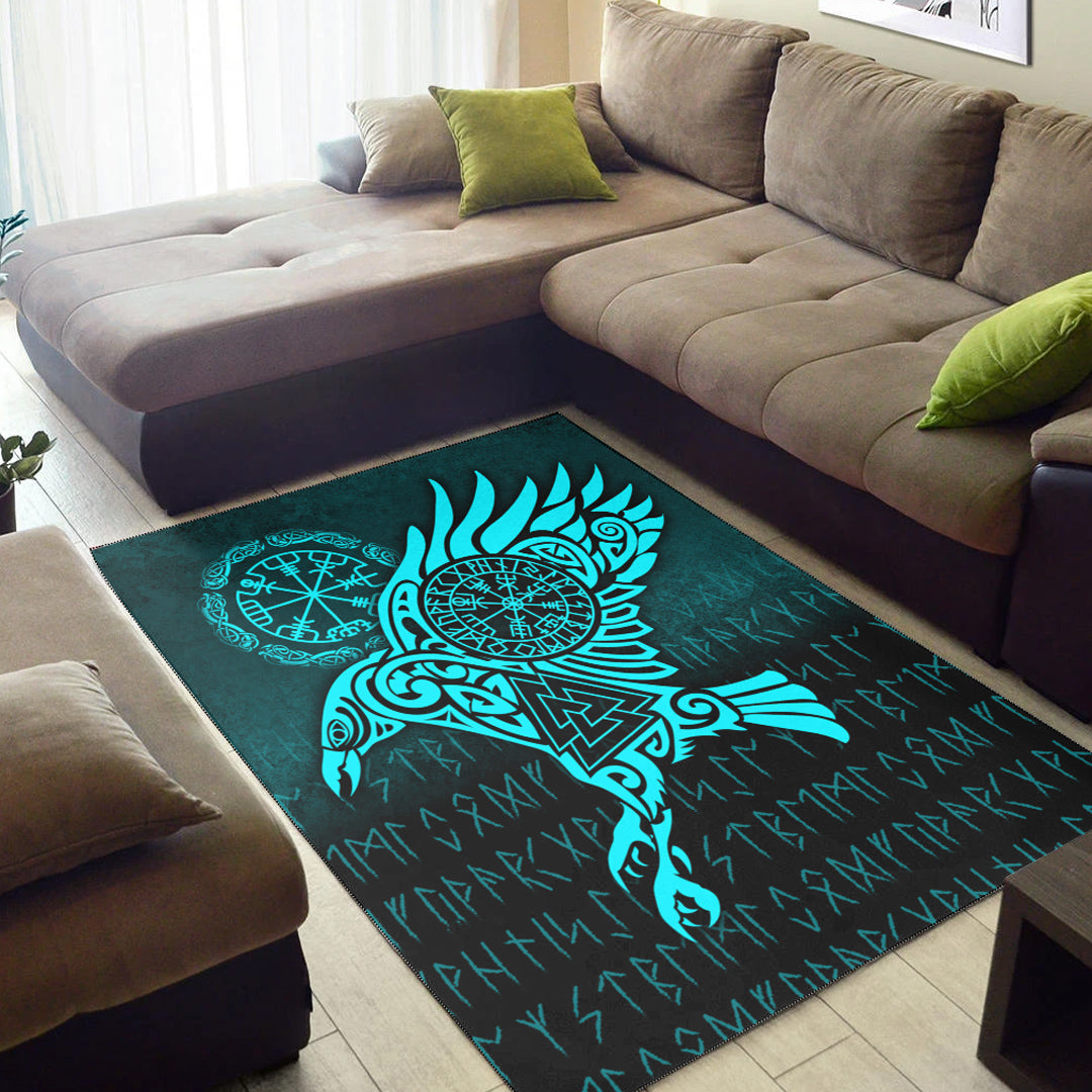 Viking Area Rug Raven Vegvisir Tattoo Cyan Version