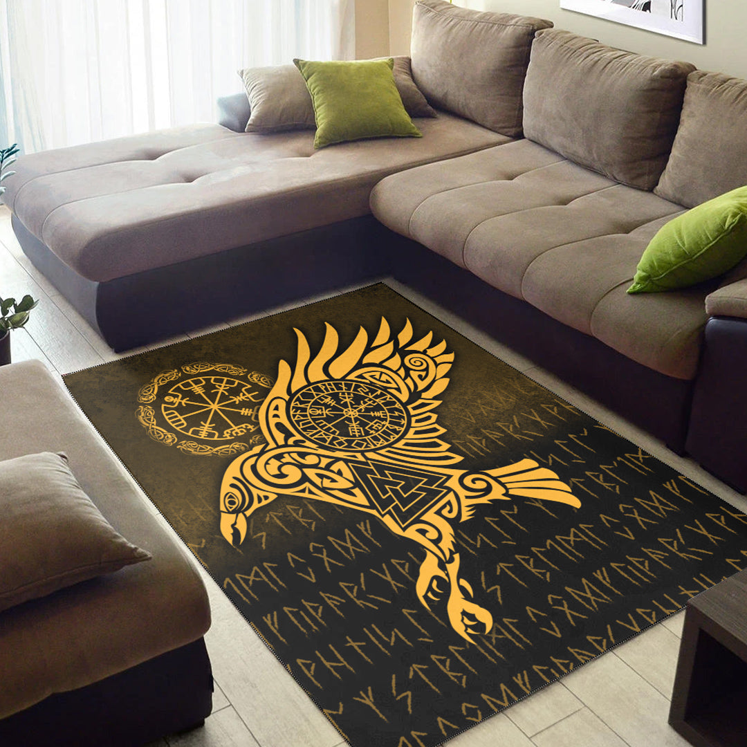 Viking Area Rug Raven Vegvisir Tattoo Gold Version