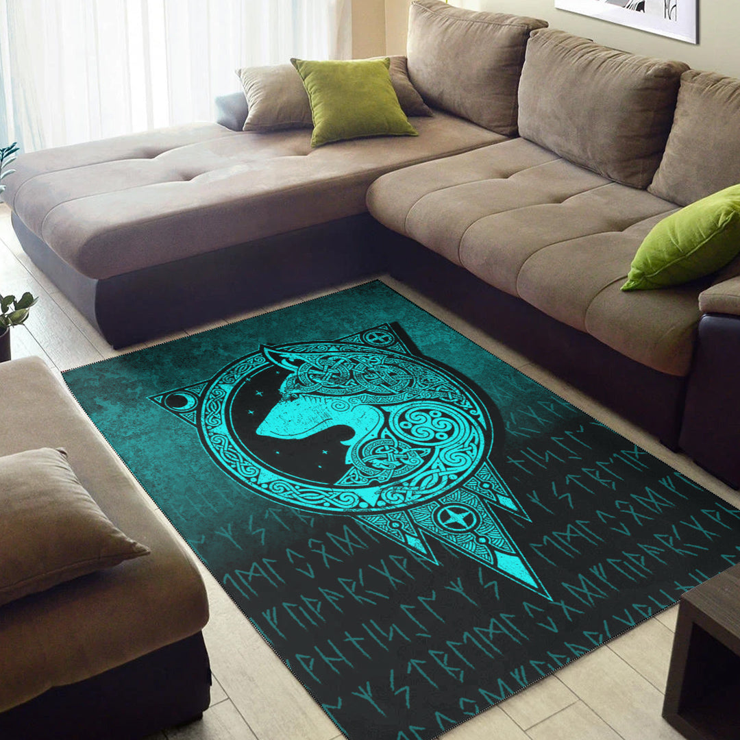 Viking Area Rug Viking Norse Wolf Cyan Version