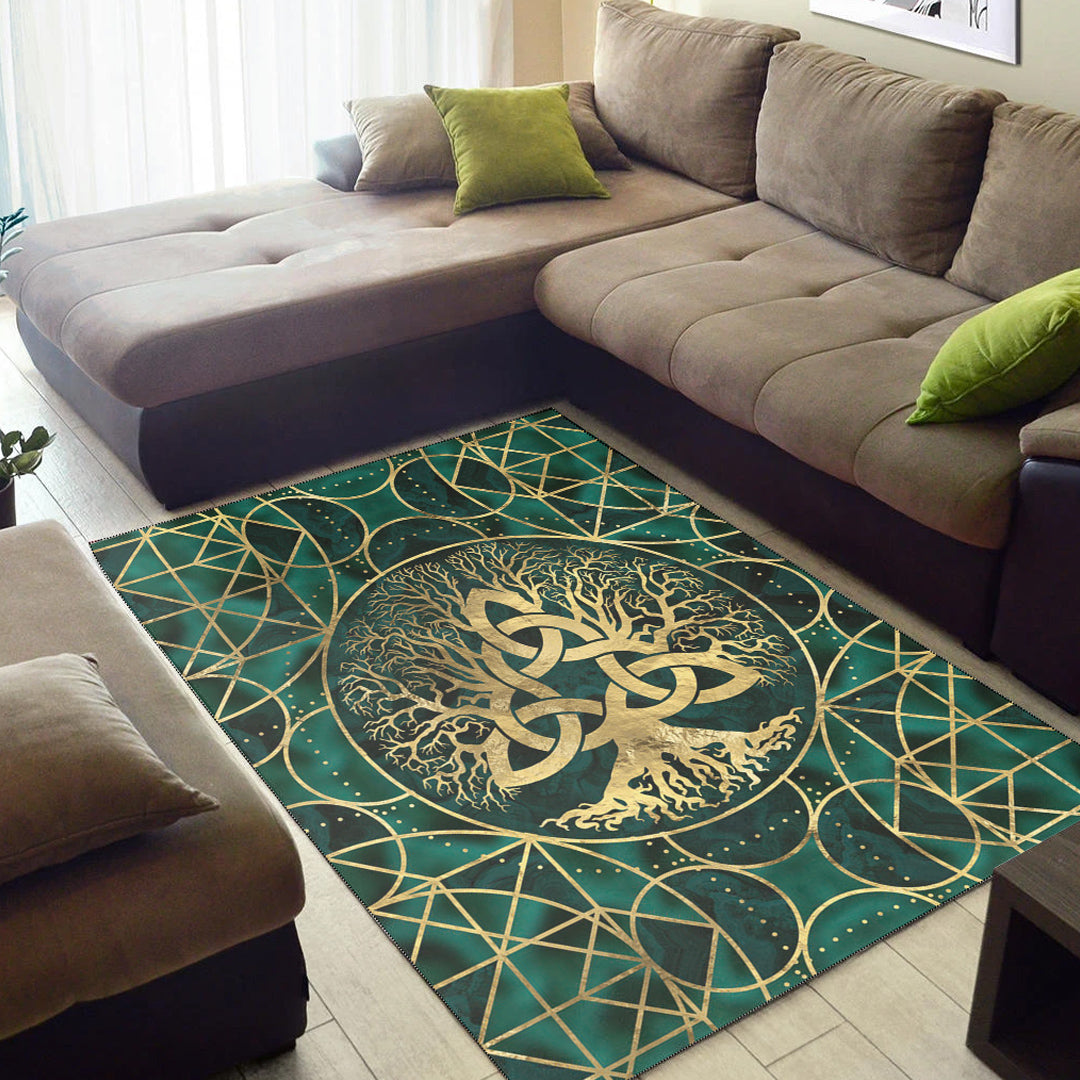 Viking Area Rug Tree of Life with Triquetra Malachite and Gold