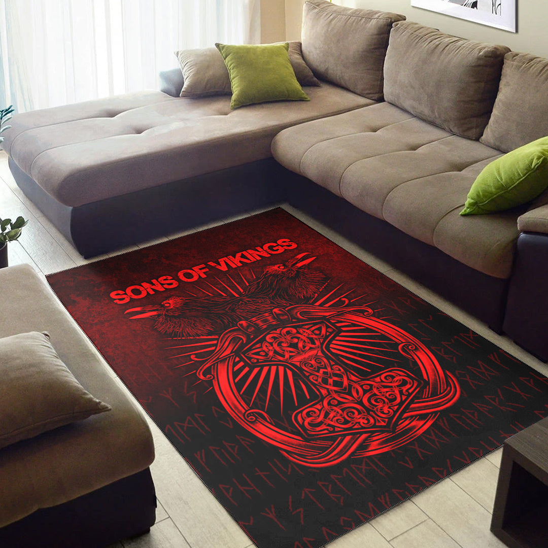 Viking Area Rug Vikings Ravens Mjolnir Red Version