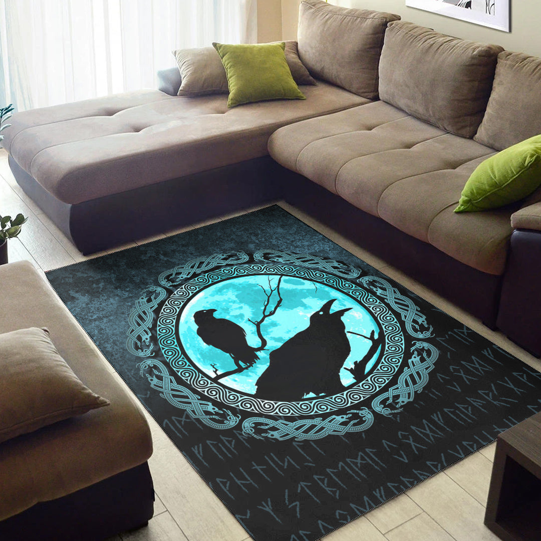 Viking Area Rug Vikings Huginn Muninn Odin’s Ravens Cyan Version