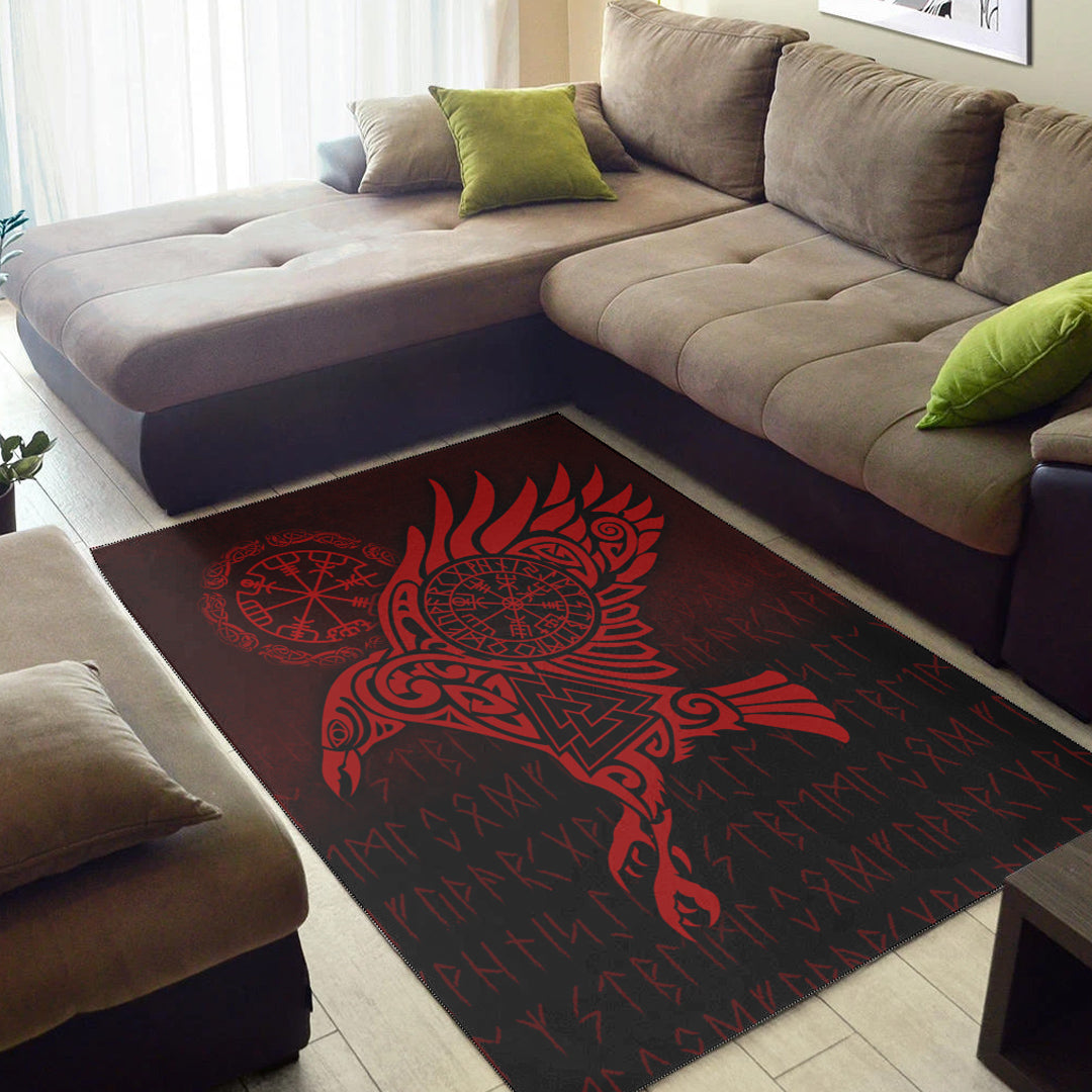 Viking Area Rug Raven Vegvisir Tattoo Red Version