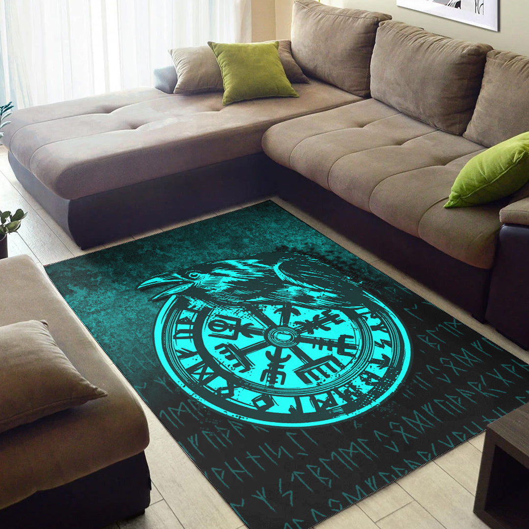 Viking Area Rug Viking Vegvisir Rune with Crow Cyan Version